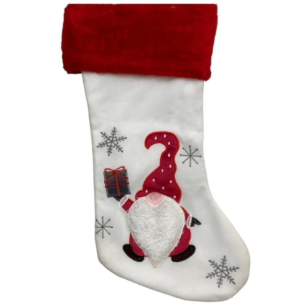 Christmas Stocking Santa Gnome Embroidery Embellishments 17 inches White Red